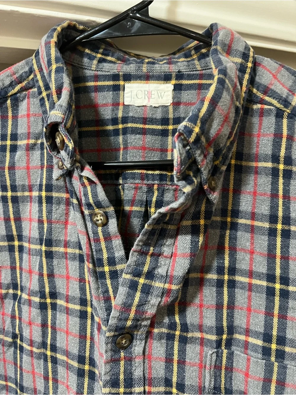 J. Crew Men's Gray and Blue Plaid Button-Down Shirt with Red & Yellow Accents